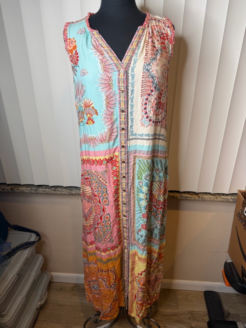 Hale Bob Sleeveless Patchwork Boho Maxi Dress Turquoise Coral Size Medium